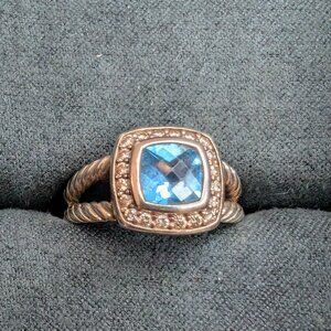 David Yurman Petite Albion SS with 7mm Blue Topaz and Diamonds Ring S6
